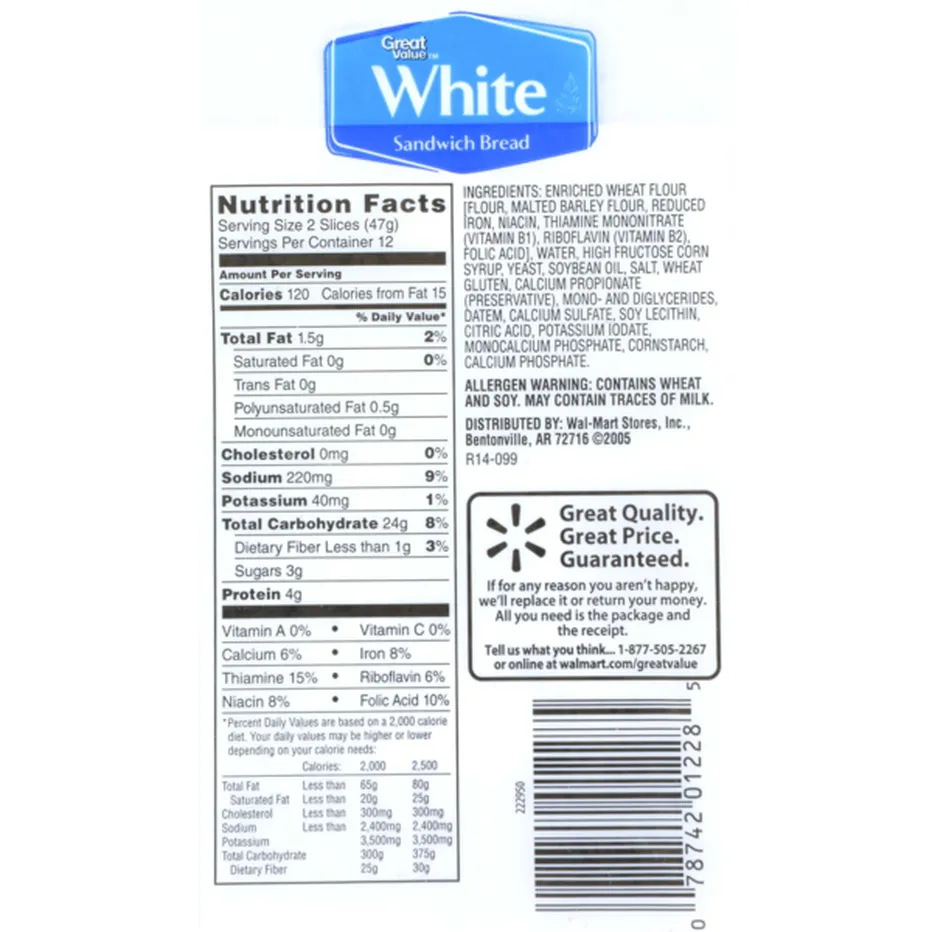 walmart breat nutrition label